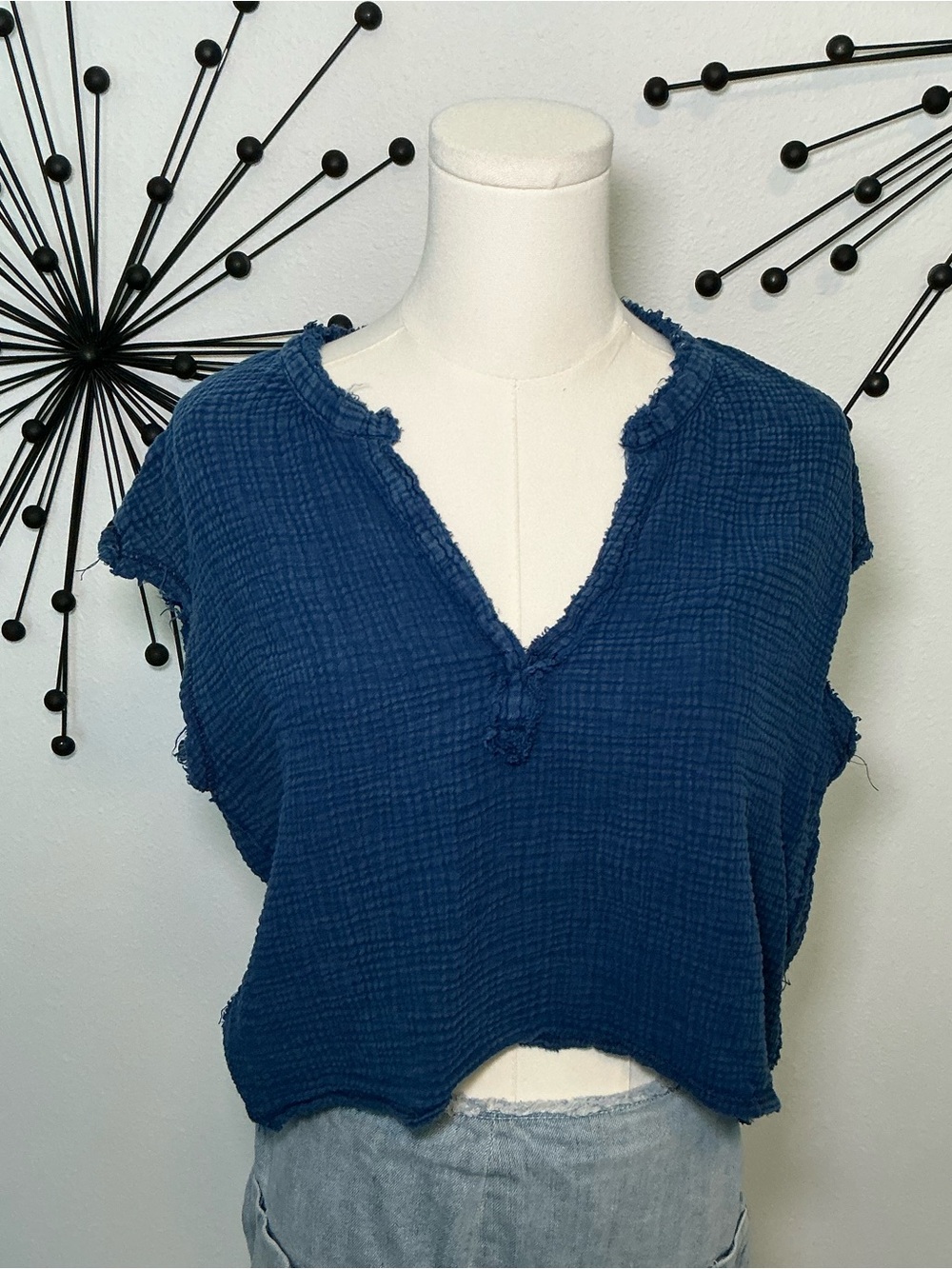 No Comment Blue Gauze Crop Top Size Medium Boho Raw Hem Beachy